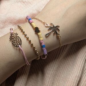 Gold Palm & Pink Bead Stackable Women's Bracelet Set